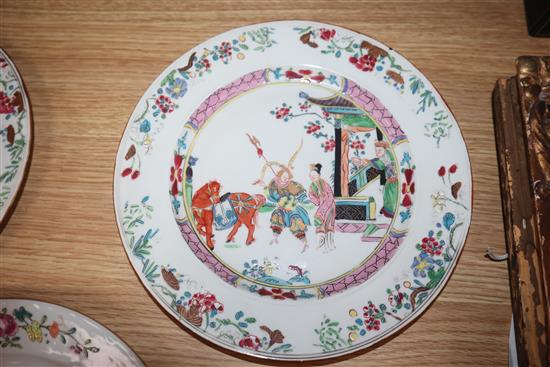 Five 18th century Chinese famille rose plates largest diameter 24cm